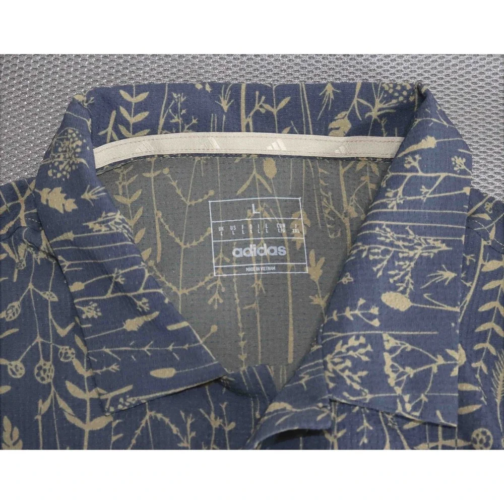 Adidas Go-To Camp Shirt Blue‎ Beige Button Front Short Sleeve Mens Size Large
